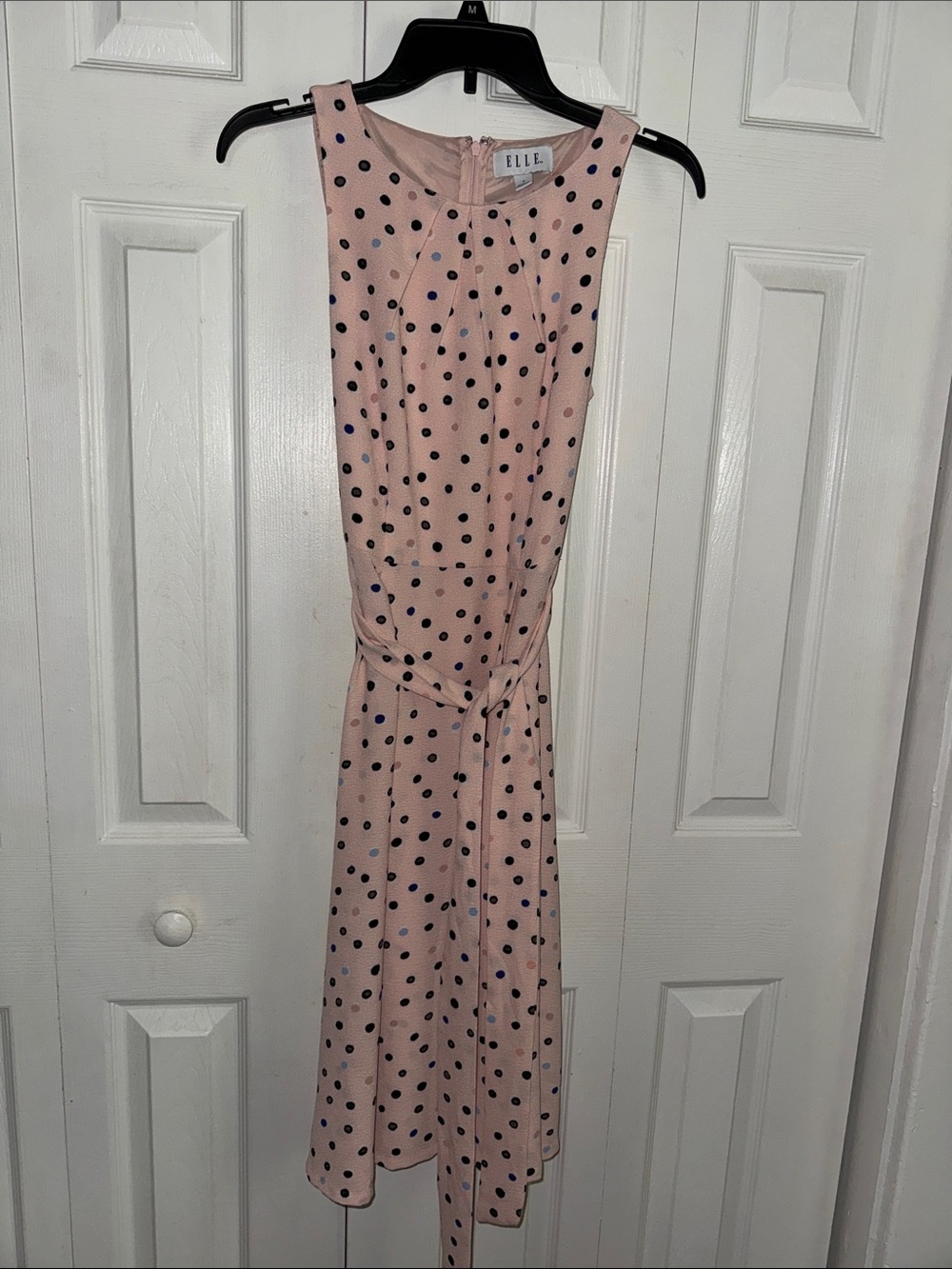 Elle Blush Pink Midi Dress with Navy Polka Dots